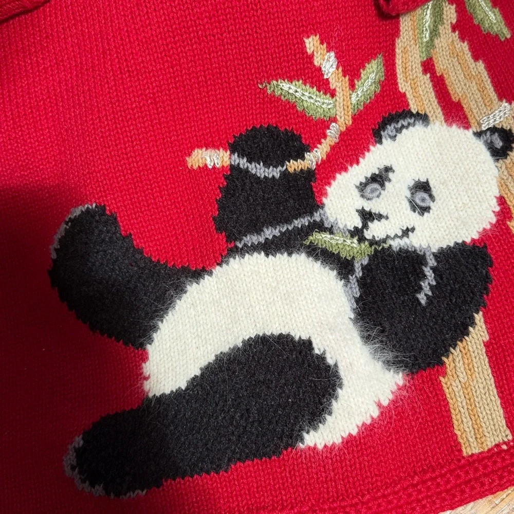 Northern Isles Vintage cherry red cardigan with bamboo and panda print.  Medium